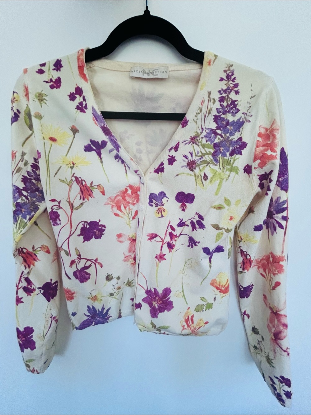 Cream Floral V-Neck Cardigan with Purple & Pink Blooms